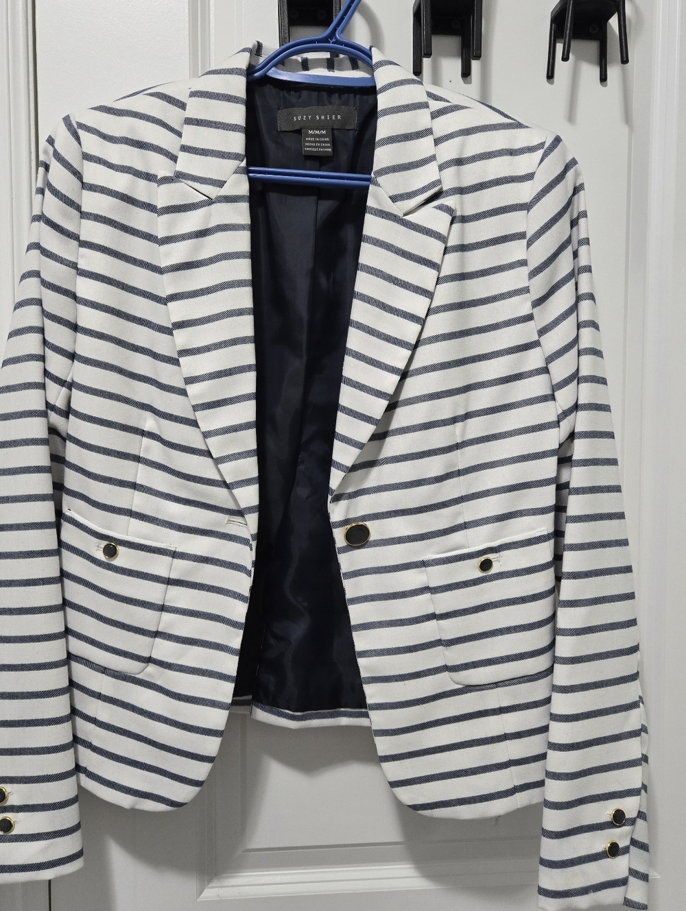 Suzy Shier Navy and White Striped Blazer